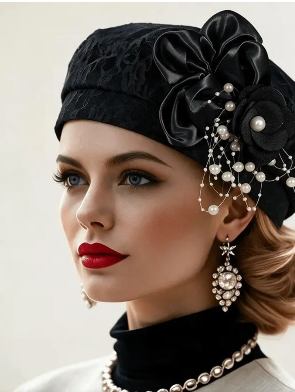 Elegant Black Pearl Floral Turban Hat - Women Accessories